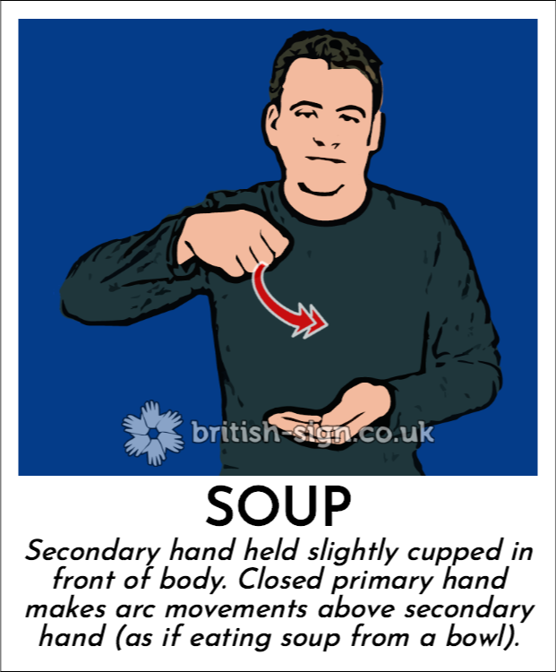 Soup: Secondary hand held slightly cupped in front of body. Closed primary hand makes arc movements above secondary hand (as if eating soup from a bowl).